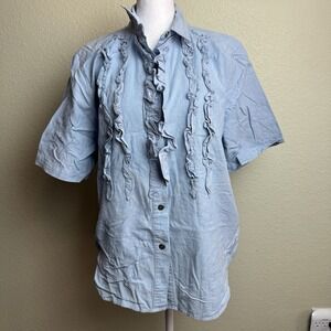 Diversity Sport Petite Womens Short Sleeve Denim Top Ruffles Size M Button Front